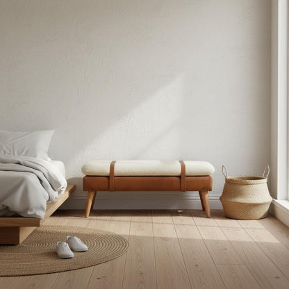 Upholstered Wooden Bench with Leather Straps for Indoor Use