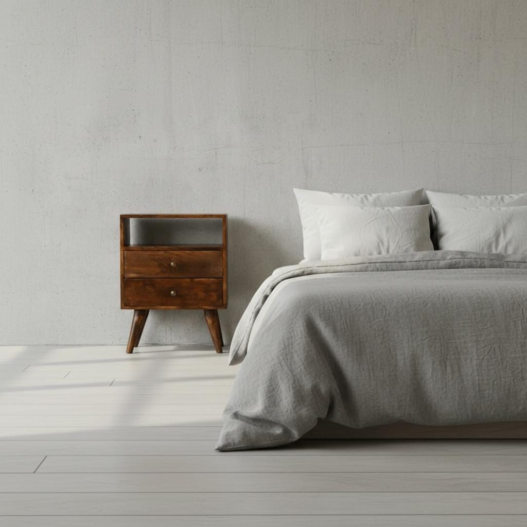 Wooden Bedside Table with Drawer and Open Shelf