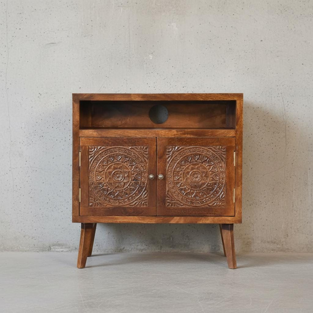 Wooden Storage Cabinet with Open Shelf and Doors