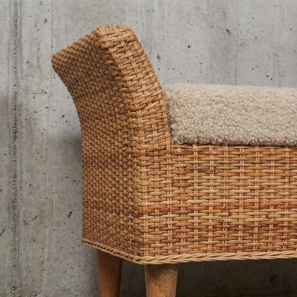 Woven Rattan Bench with Upholstered Seat and Wooden Legs