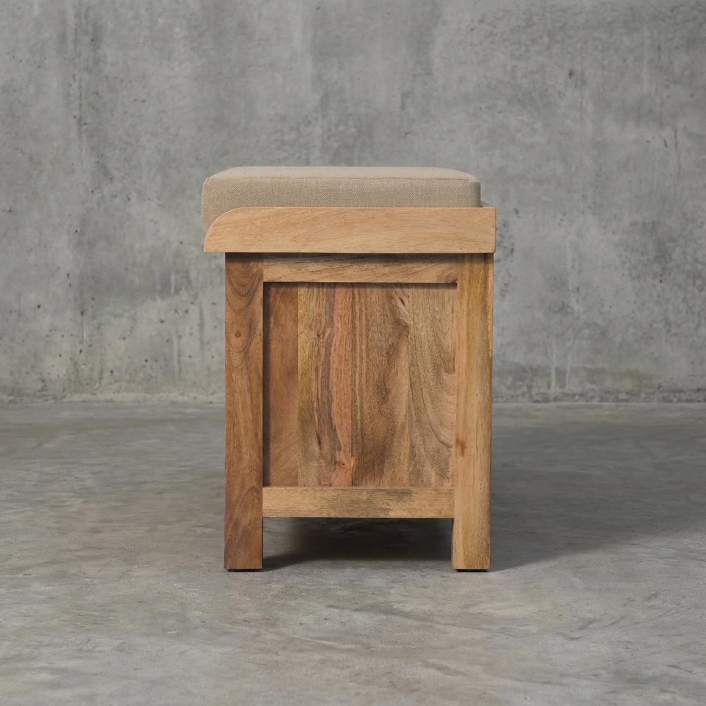 Wooden Storage Bench with Upholstered Seat and Woven Baskets