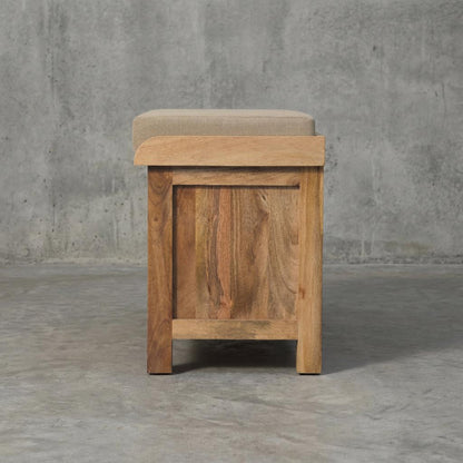 Wooden Storage Bench with Upholstered Seat and Woven Baskets