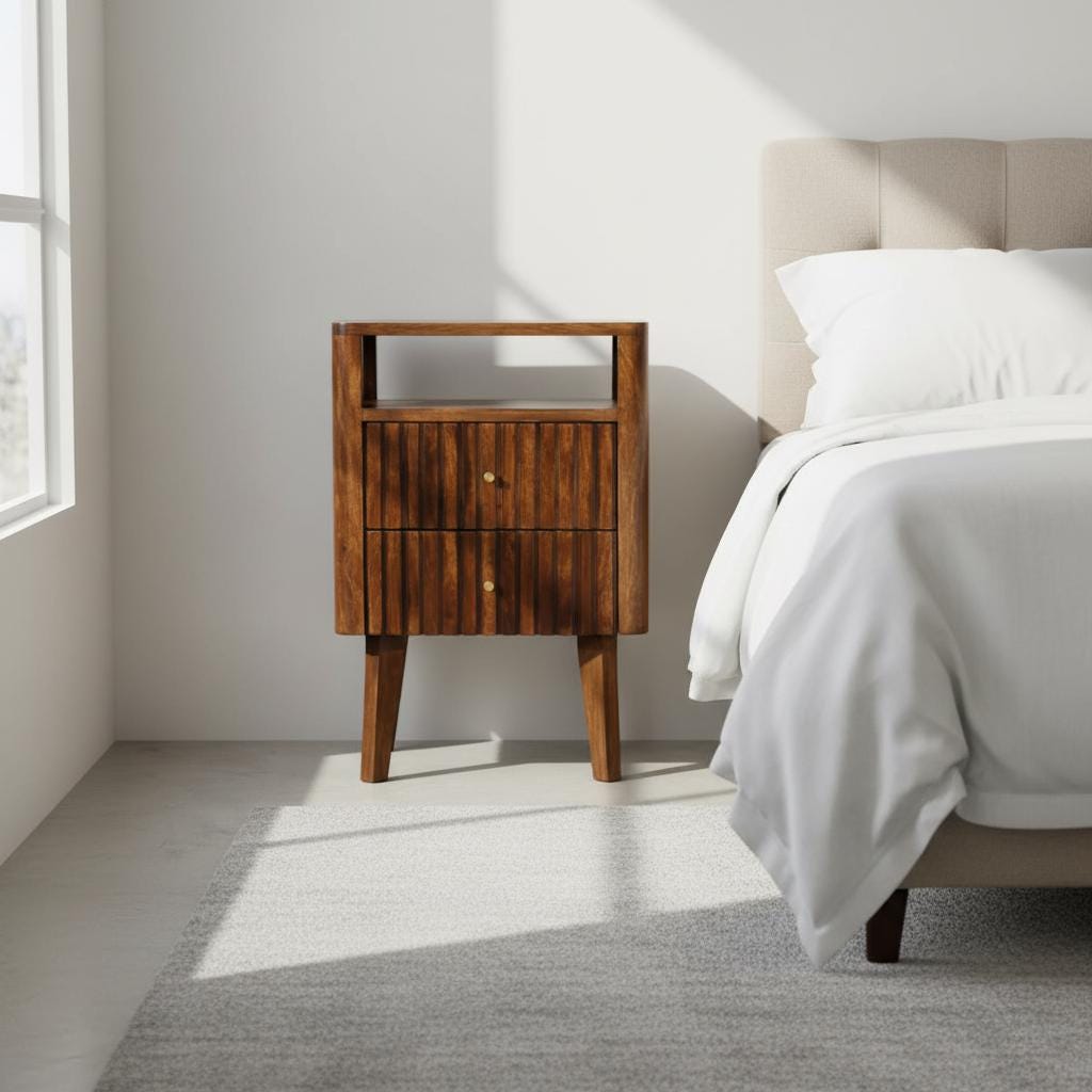 Wooden Bedside Table with Two Drawers and Open Shelf