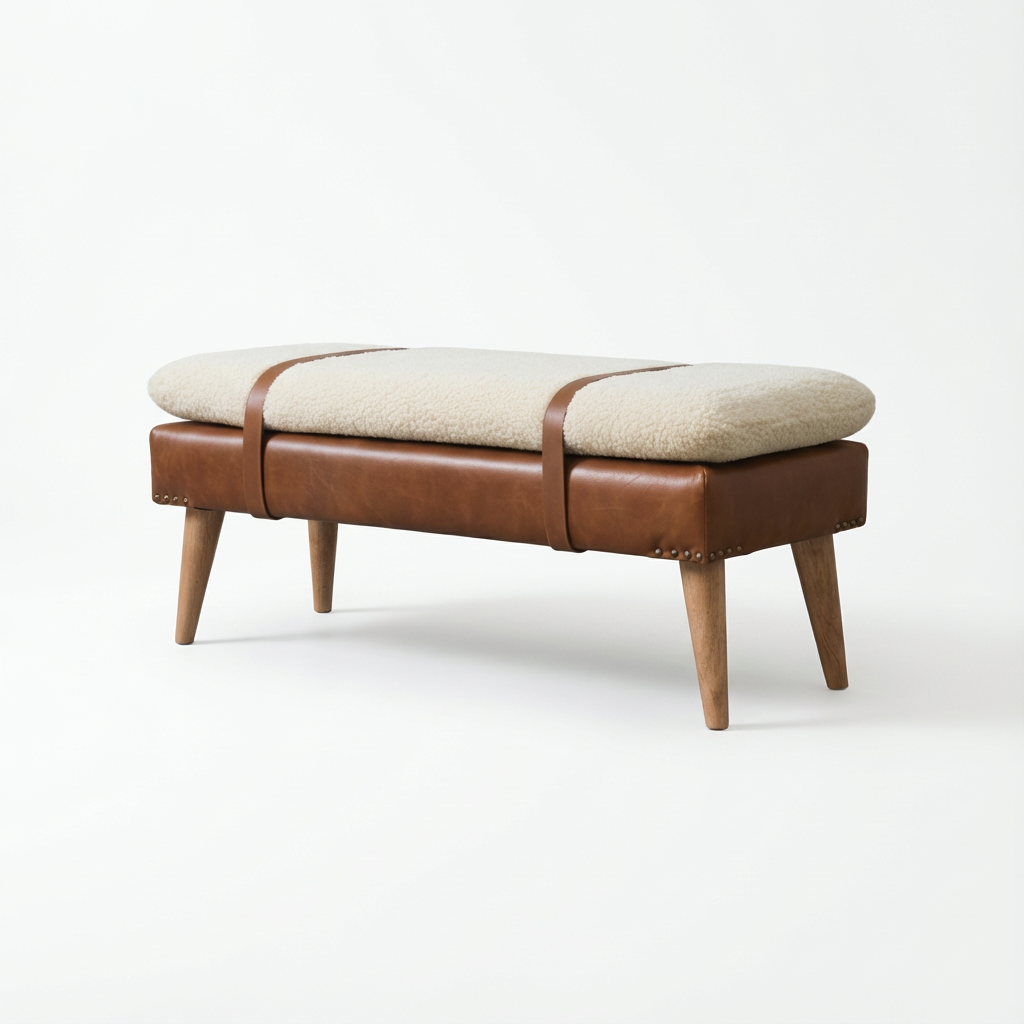 Upholstered Wooden Bench with Leather Straps for Indoor Use