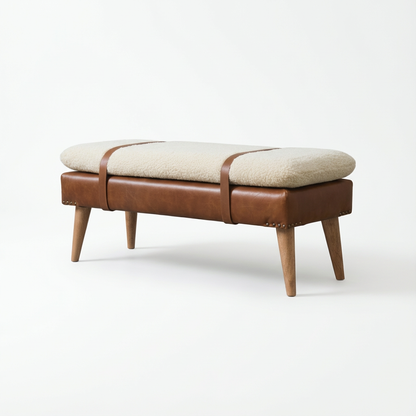 Upholstered Wooden Bench with Leather Straps for Indoor Use