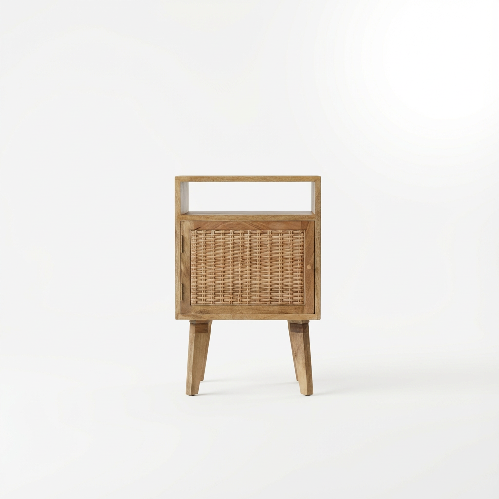 Wooden Bedside Cabinet with Rattan Door and Open Shelf