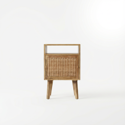 Wooden Bedside Cabinet with Rattan Door and Open Shelf