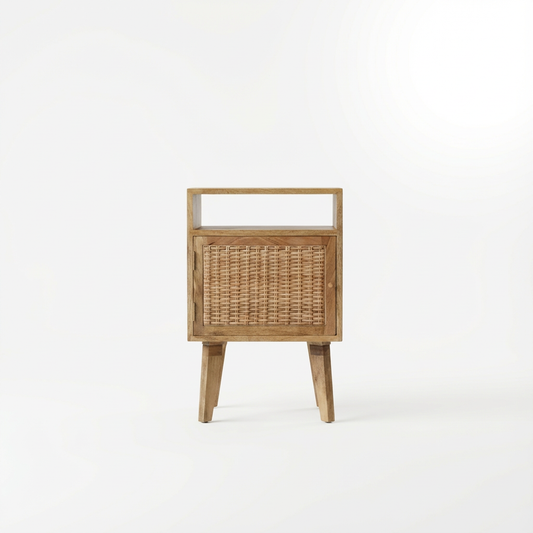 Wooden Bedside Cabinet with Rattan Door and Open Shelf