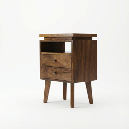 Wooden Bedside Table with Drawer and Open Shelf