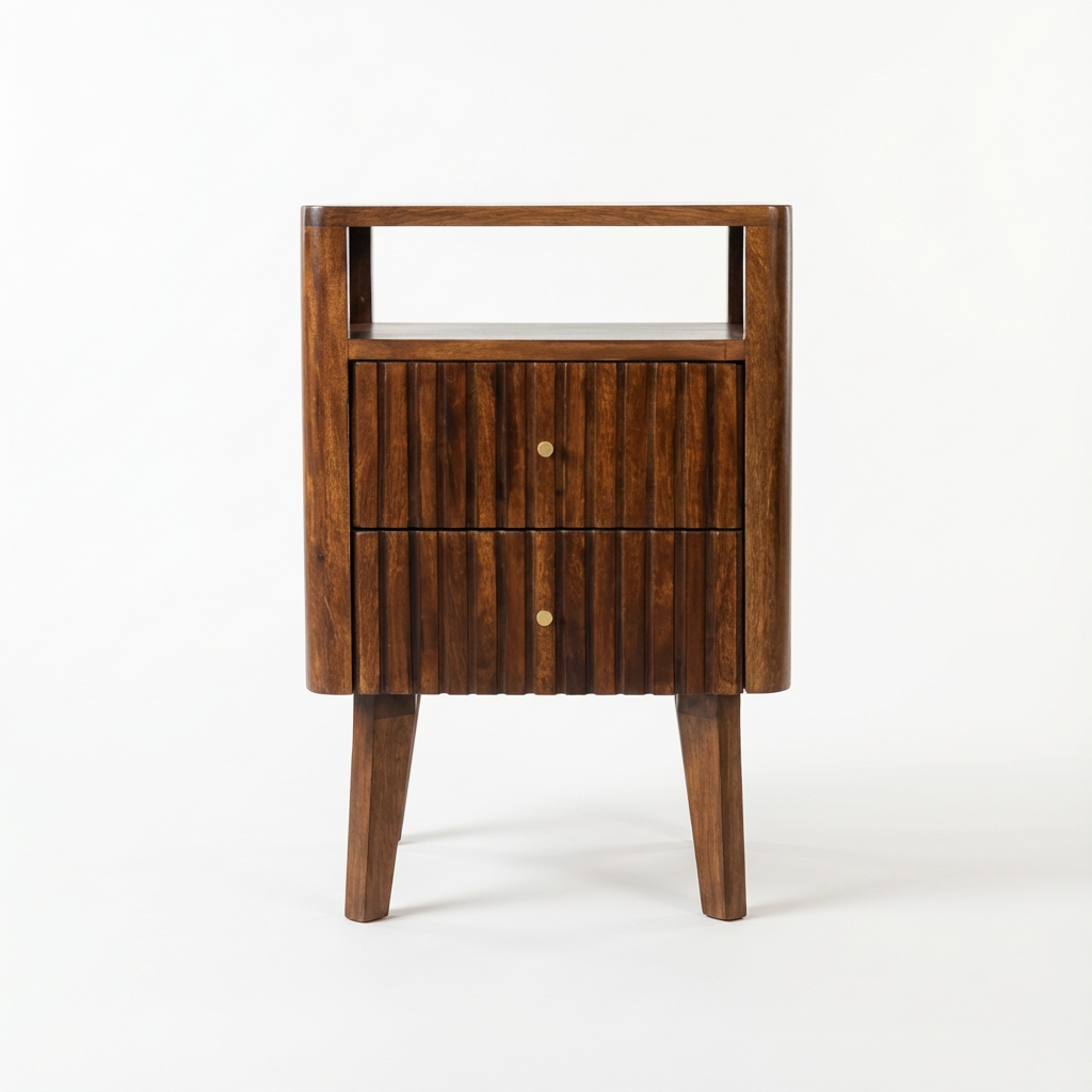 Wooden Bedside Table with Two Drawers and Open Shelf