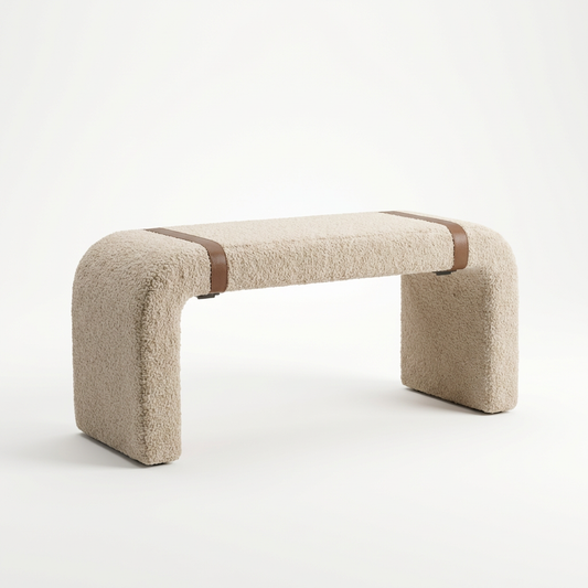 Boucle Upholstered Bench Cotton Seating With Leather Strap Detail