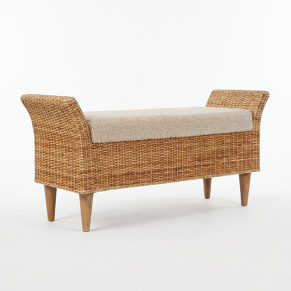 Woven Rattan Bench with Upholstered Seat and Wooden Legs