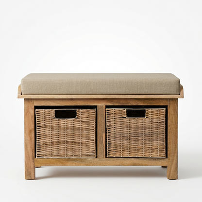 Wooden Storage Bench with Upholstered Seat and Woven Baskets